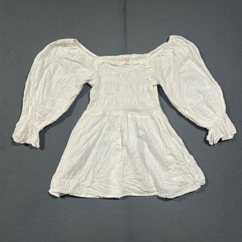 Girl Soul Tunic Top Womens Small White Smocked Gingham Puff Sleeve Cottagecore